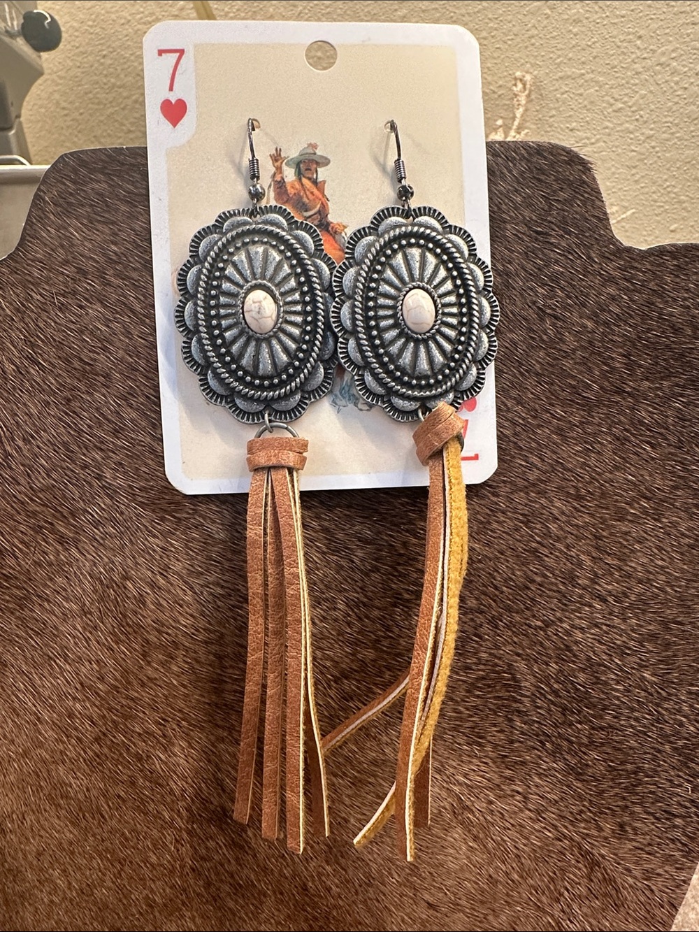 Silver and Tan western fringe Earrings